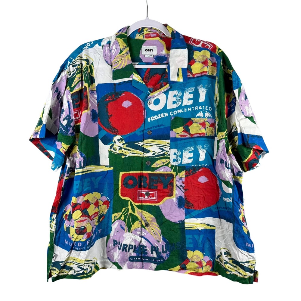 Obey Mens XL Fruit Cans Button Up Shirt Pop Art Graphic Streetwear Camp Viscose